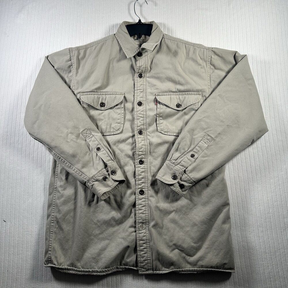 Vintage Levis Sherpa Fleece Lined Button Up Shirt Jacket Shacket Mens M Tan